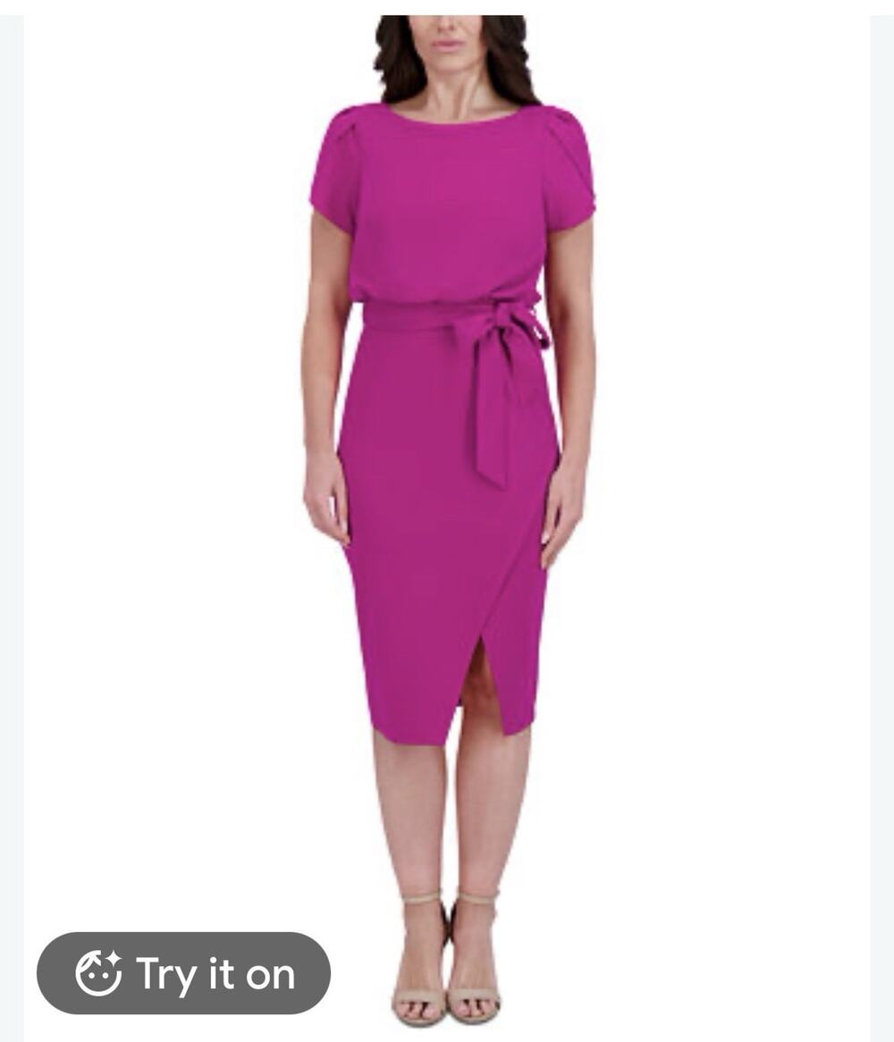 New Kensie Women's Tulip-Sleeve Tie-Waist Sheath Dress - Fuchsia - Sz 8 $148
